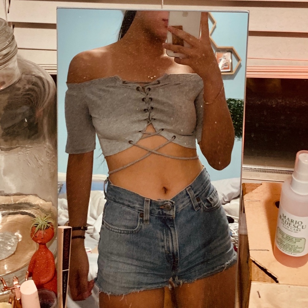 Gray Lace Up Crop Top